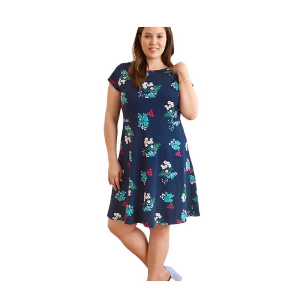 Draper James Floral Ponte A-Line Dress Navy Blue Spring Bouquet Cap Sleeve 1X